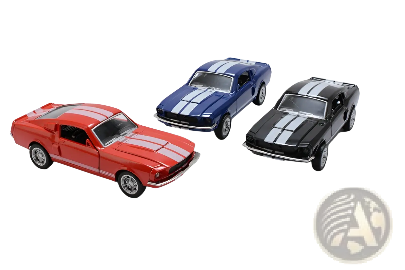 Three diecast model Ford Mustangs in red blue and black with white racing stripes alloy 1 32 scale toy cars