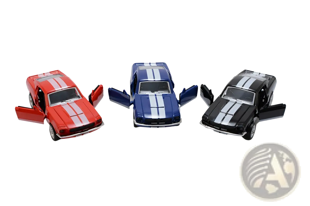 Three diecast Ford Mustang model cars 1:32 alloy with white racing stripes and open doors showing detailed interiors