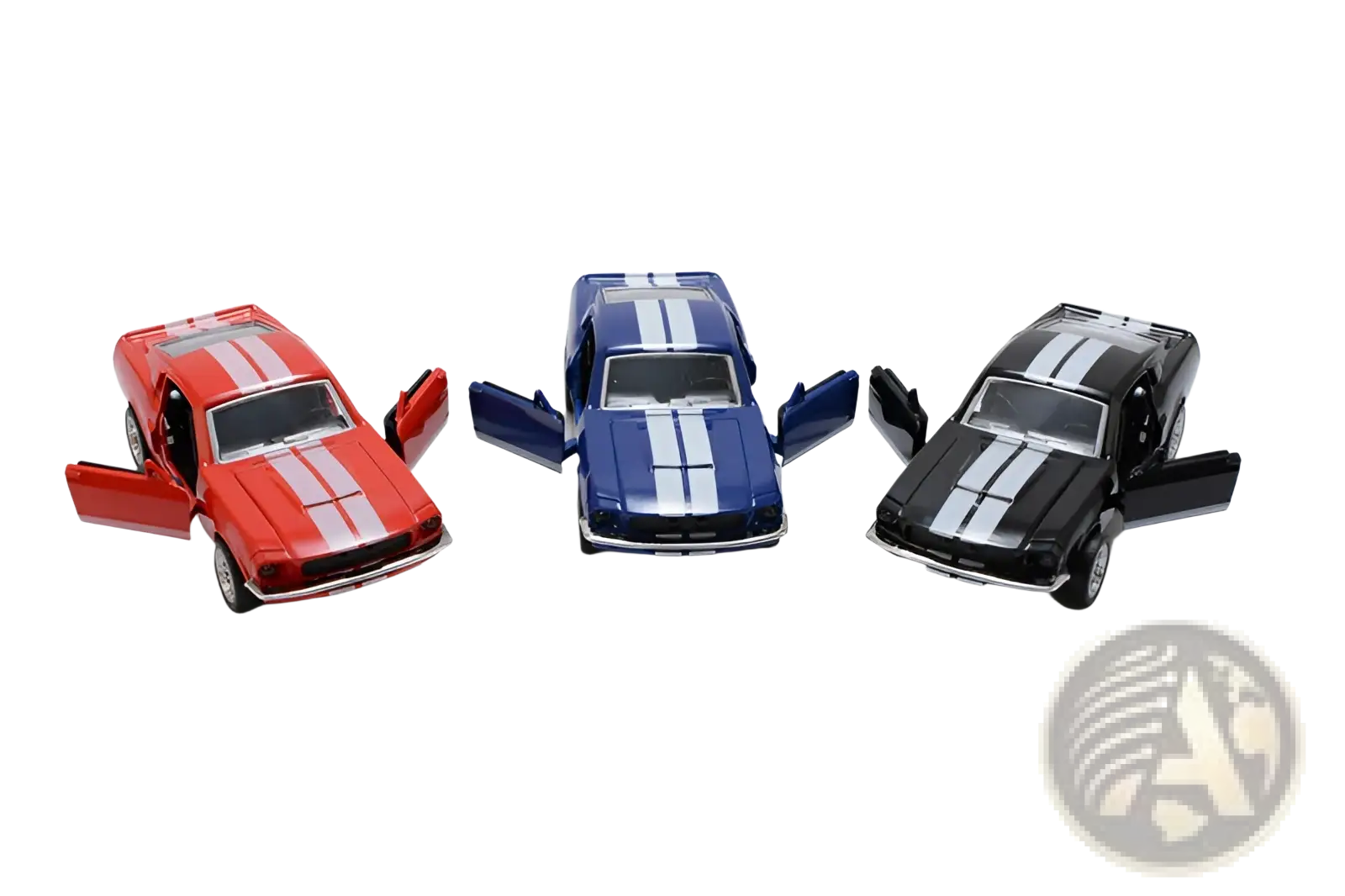 Three diecast Ford Mustang model cars 1:32 alloy with white racing stripes and open doors showing detailed interiors