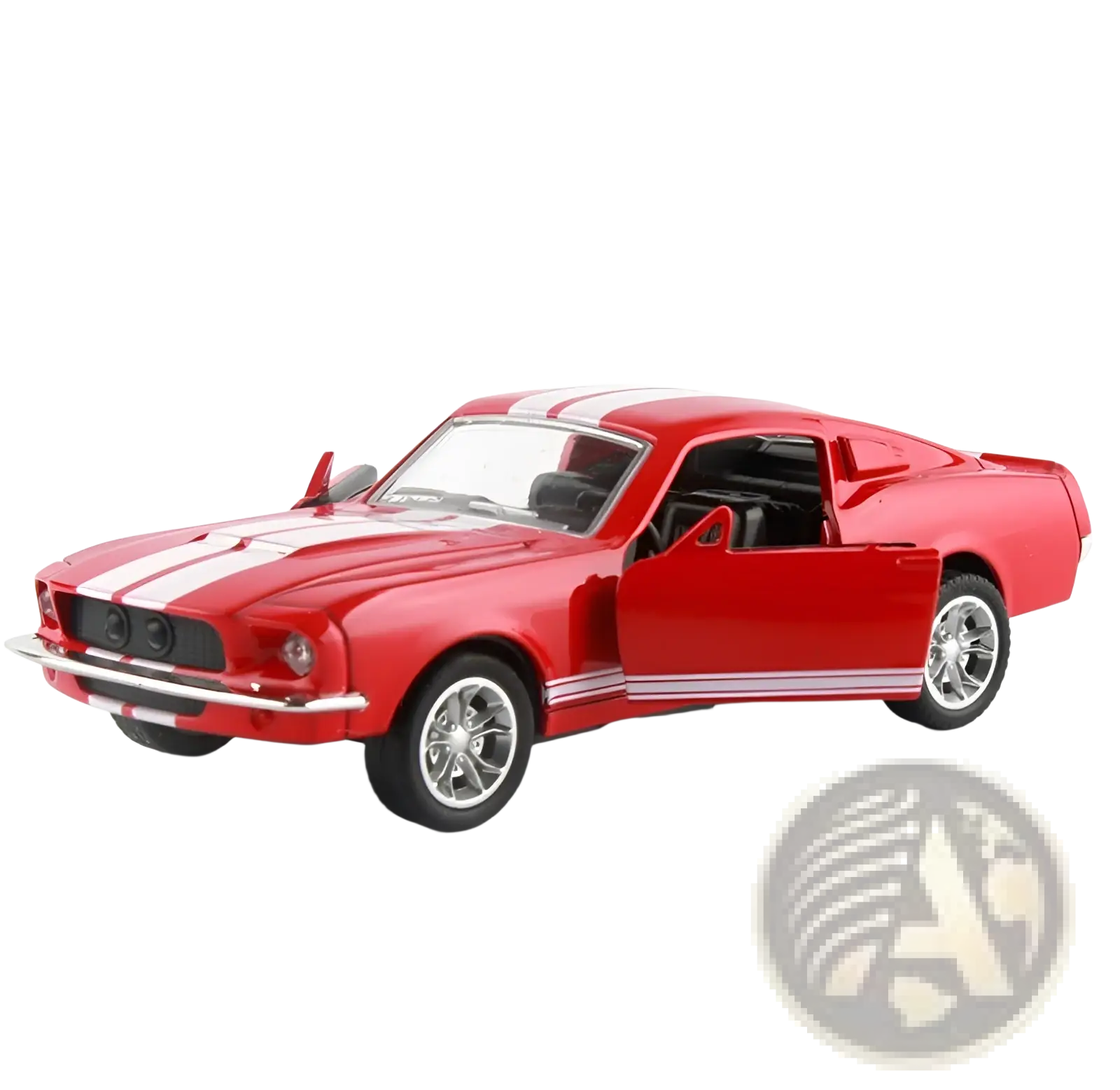 Red diecast model of a classic Ford Mustang with white racing stripes and chrome wheels 1:32 alloy toy car
