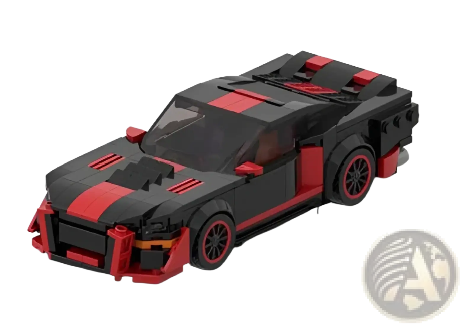 Black and red lego technic ford mustang shelby gt500 sports car with aerodynamic design and detailed engine hood vents
