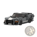 Gray and white lego-built Ford Mustang Shelby GT500 racing sports car with black wheels and detailed block design