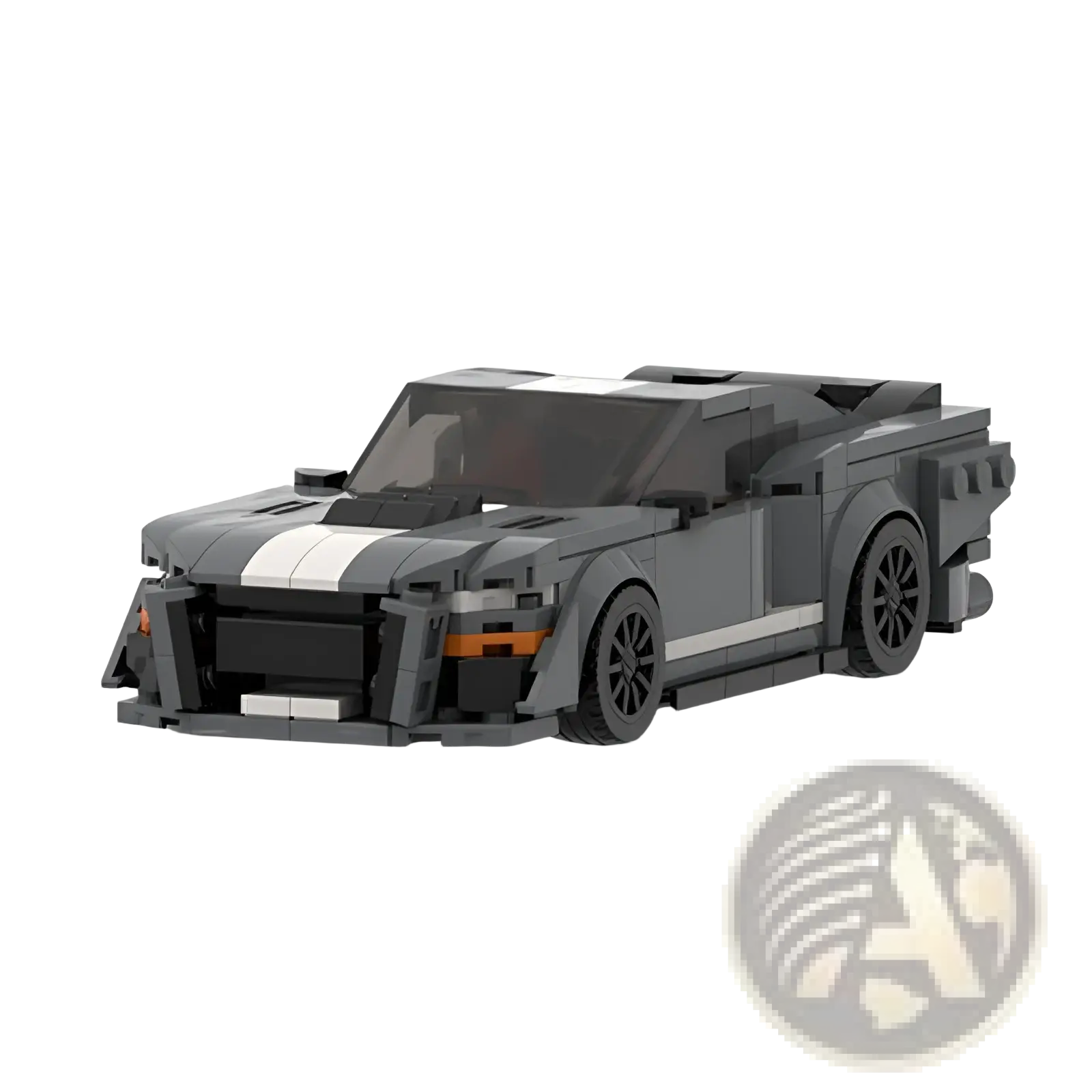 Gray and white lego-built Ford Mustang Shelby GT500 racing sports car with black wheels and detailed block design