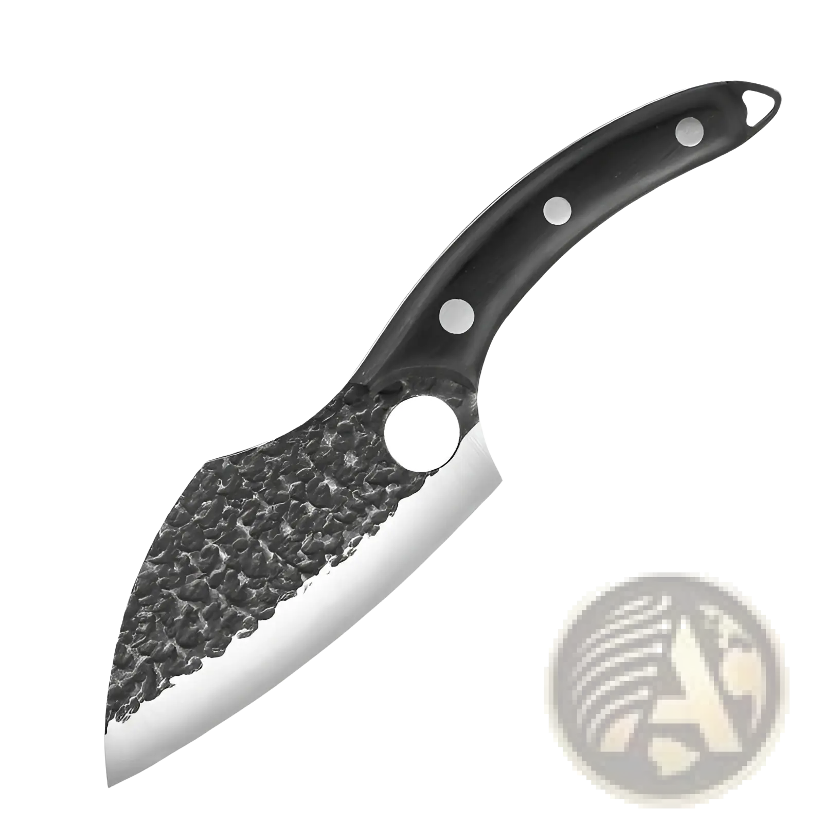 Forged high carbon steel outdoor chef knife with black handle, hammered blade, circular hole, and three silver rivets