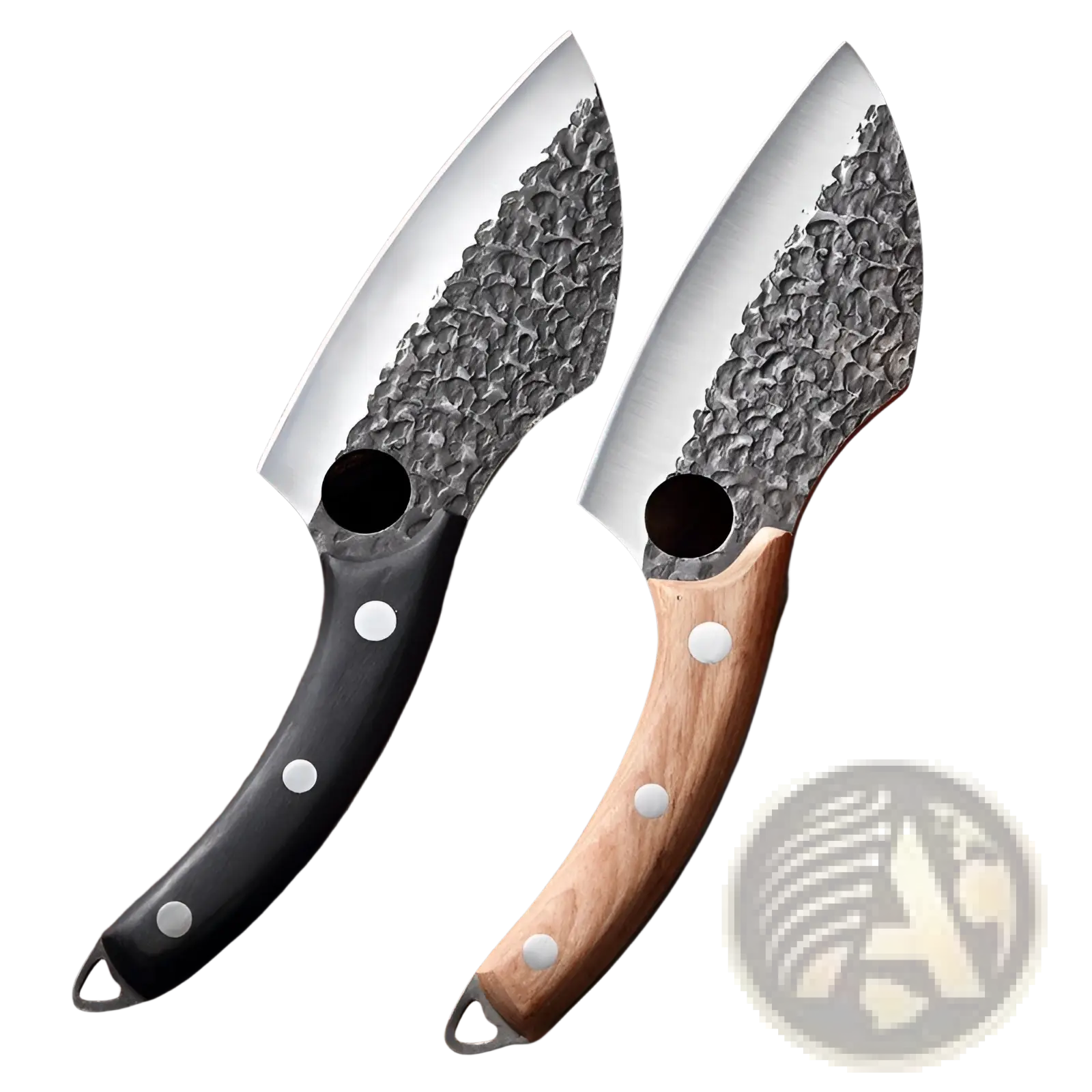 Two forged high carbon steel outdoor chef knives with hammered blades and contrasting black and light wood handles secured by rivets