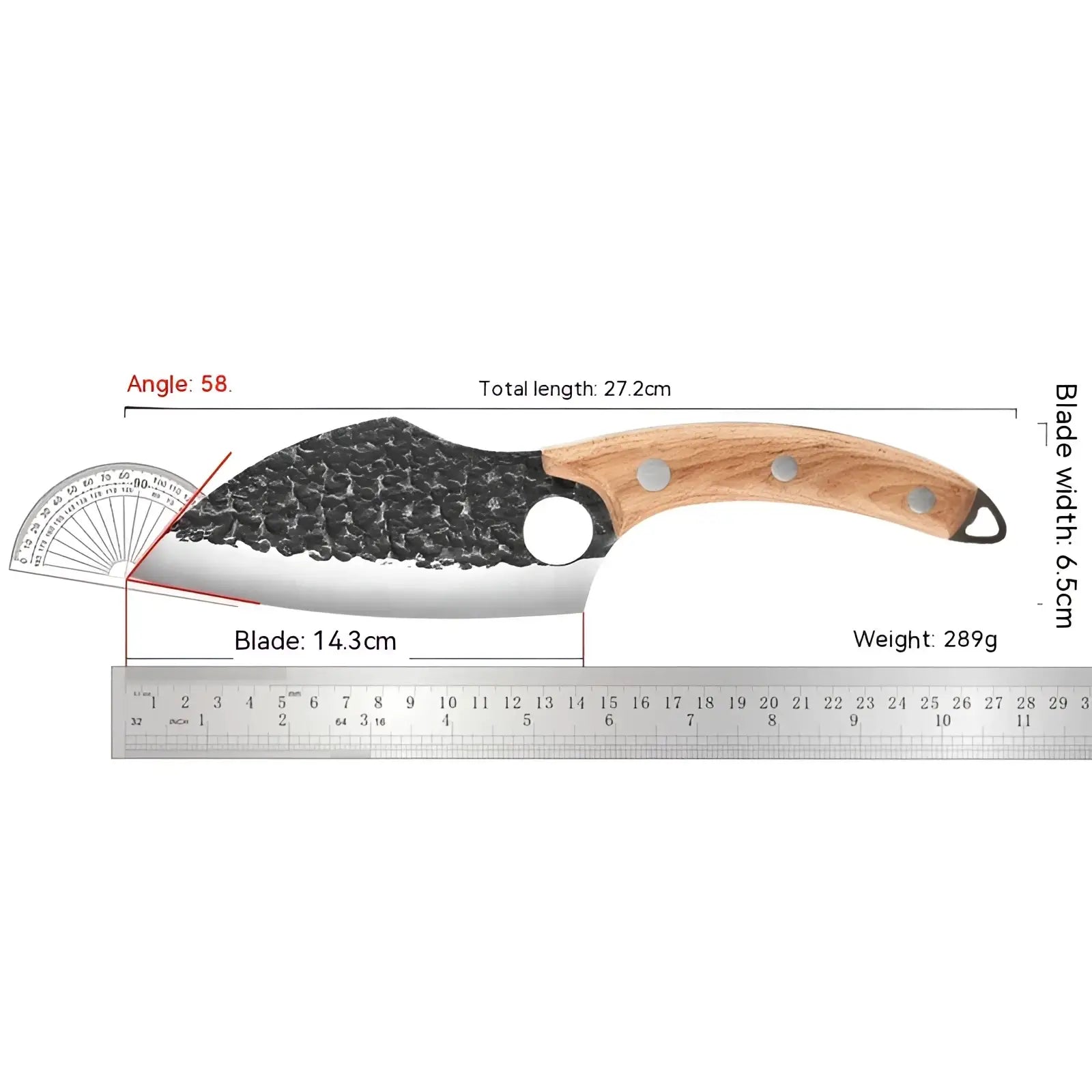 Forged high carbon steel outdoor chef knife with black and silver hammered blade and light brown wooden handle with rivets