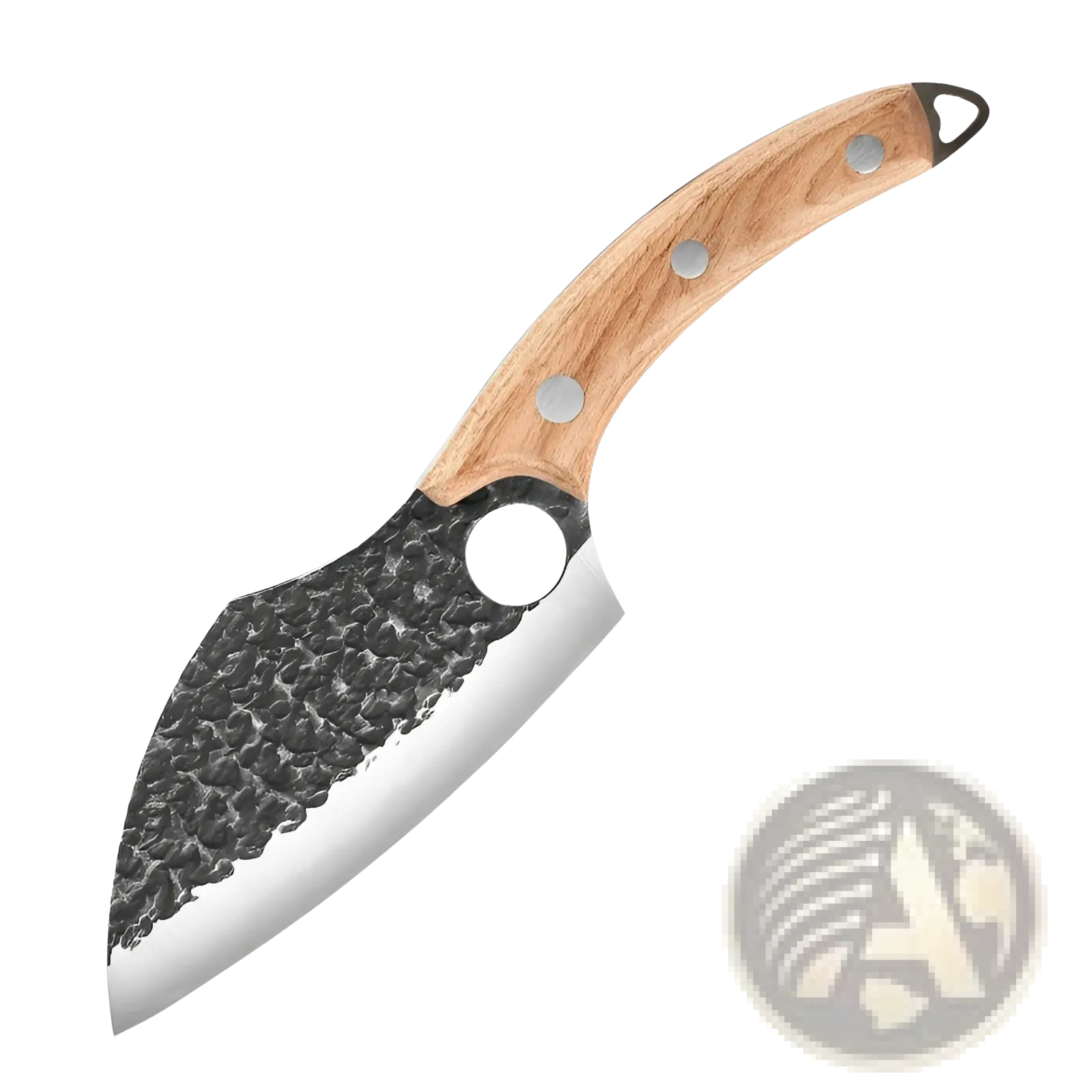 Forged high carbon steel outdoor chef knife with hammered black and silver blade and light brown wooden handle