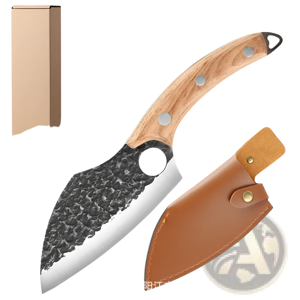 Forged high carbon steel outdoor chef knife with hammered black and silver blade wooden handle and brown leather sheath