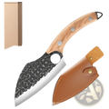 Forged high carbon steel outdoor chef knife with hammered black and silver blade wooden handle and brown leather sheath