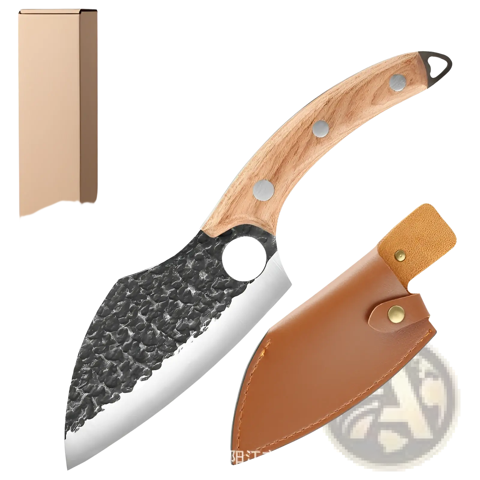 Forged high carbon steel outdoor chef knife with hammered black and silver blade wooden handle and brown leather sheath