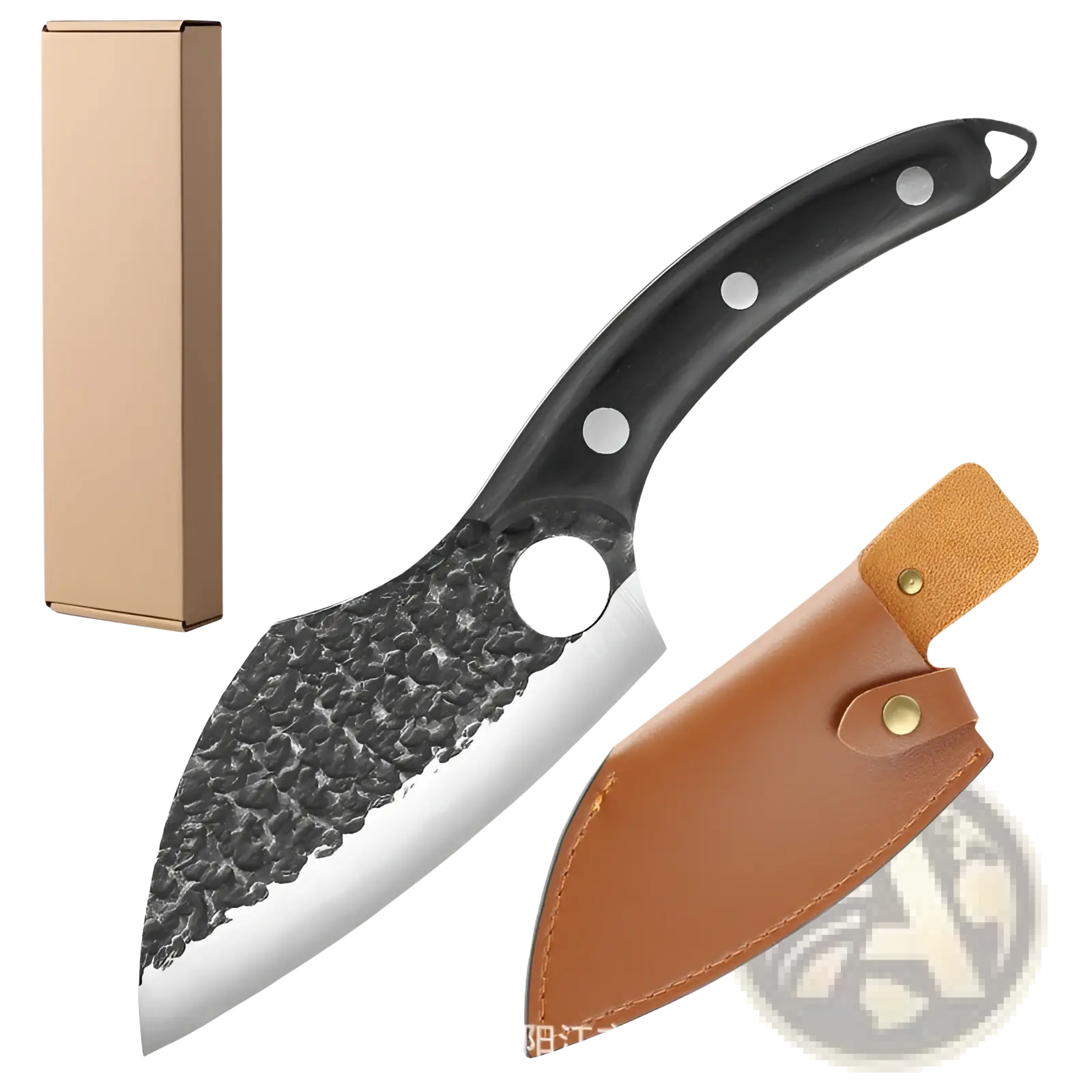 Forged high carbon steel outdoor chef knife with black handle hammered blade and matching brown leather sheath