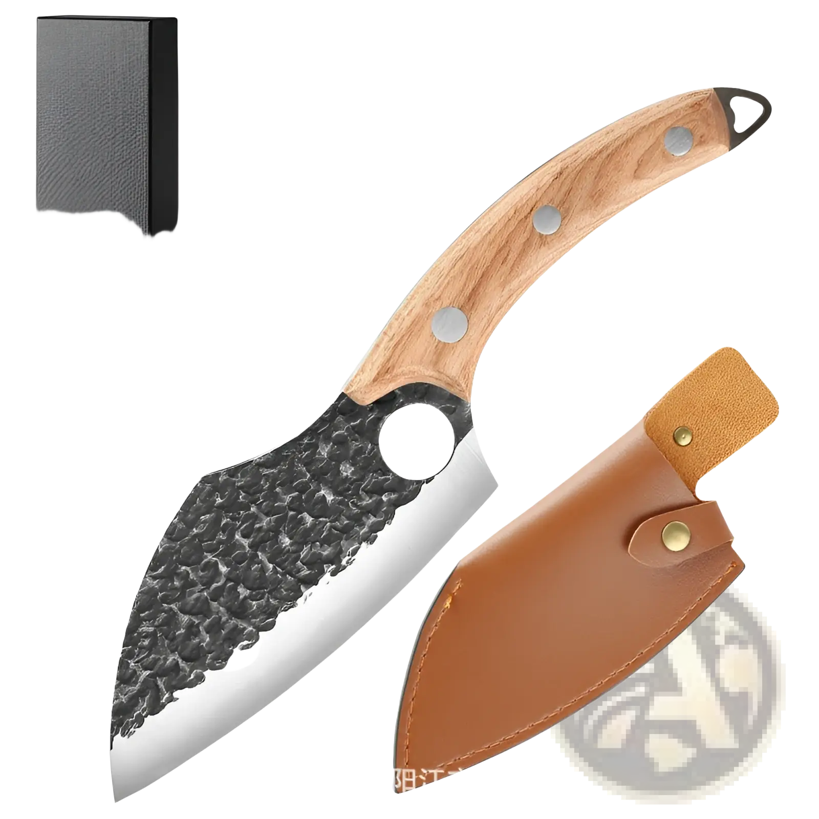 Forged high carbon steel outdoor chef knife with hammered black silver blade light wood handle and brown leather sheath