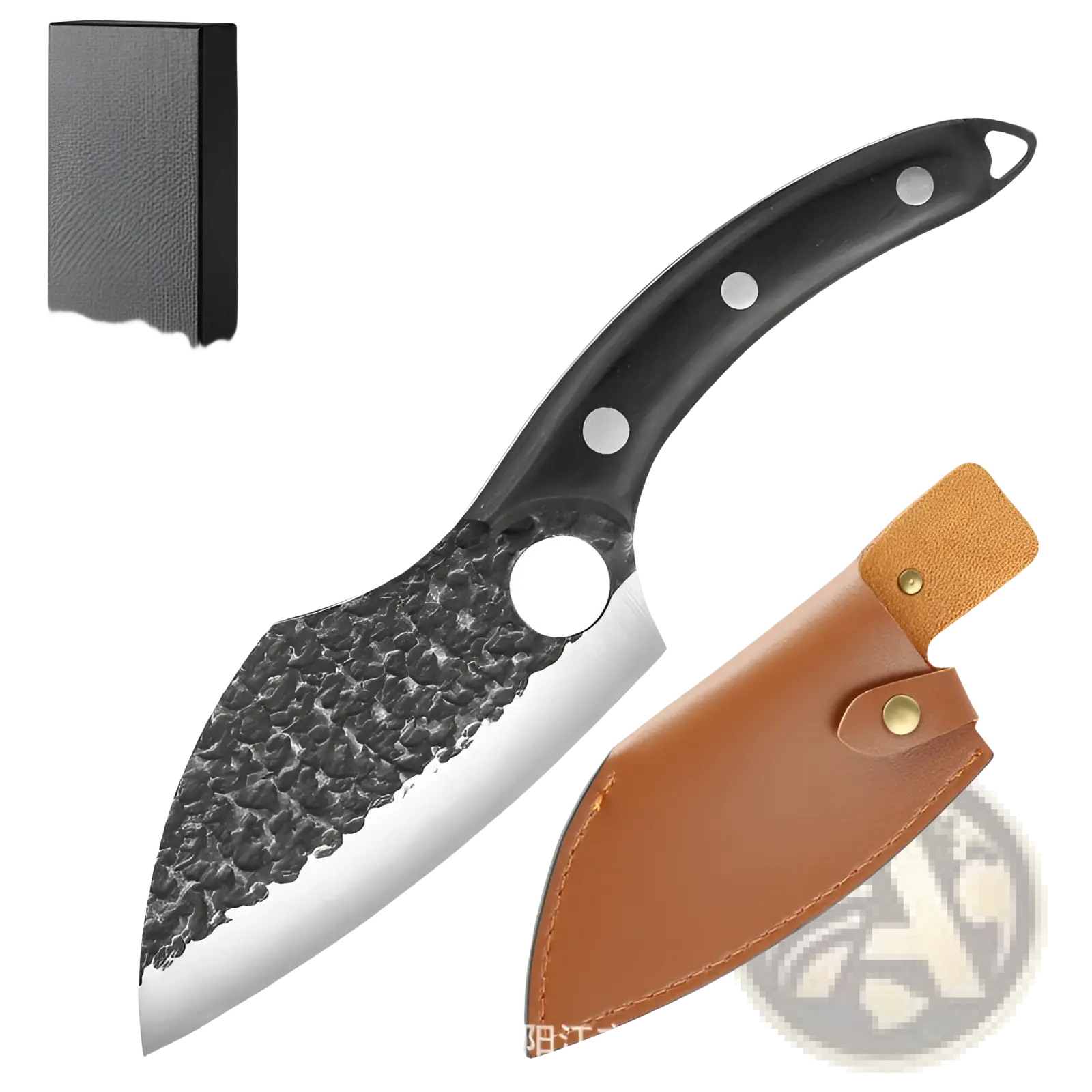 Black-handled forged high carbon steel outdoor chef knife with hammered blade and tan leather sheath