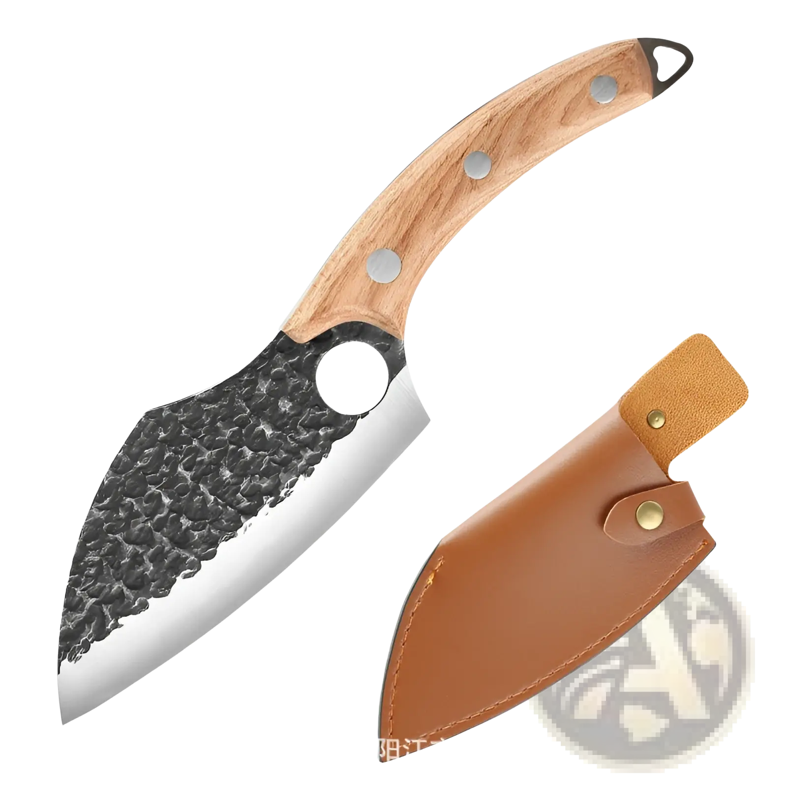 Forged high carbon steel outdoor chef knife with hammered black and silver blade, light wood handle, and brown leather sheath