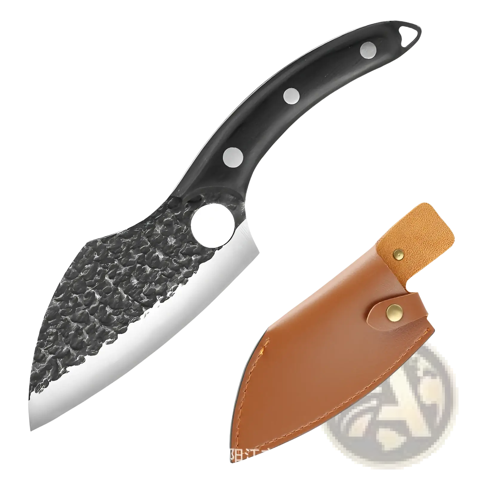 Forged high carbon steel outdoor chef knife with black handle, hammered blade, and matching brown leather sheath