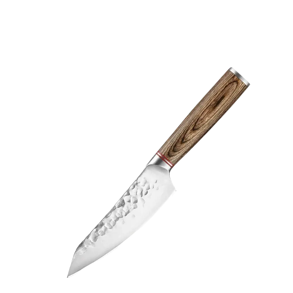 A 4.5-inch utility knife with hammered stainless steel blade and wooden handle from forged stainless steel chef knife set