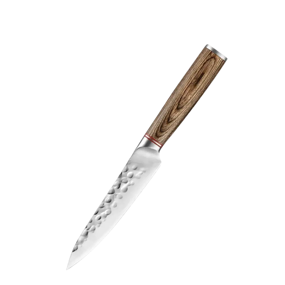 A 5-inch utility knife with hammered stainless steel blade and natural grain wooden handle in forged chef knife set