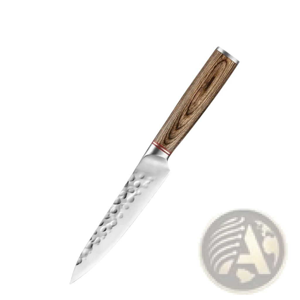 A 5-inch utility knife with hammered stainless steel blade and natural grain wooden handle in forged chef knife set