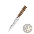 A 5-inch utility knife with hammered stainless steel blade and natural grain wooden handle in forged chef knife set