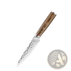 A 5-inch utility knife with hammered stainless steel blade and natural grain wooden handle in forged chef knife set
