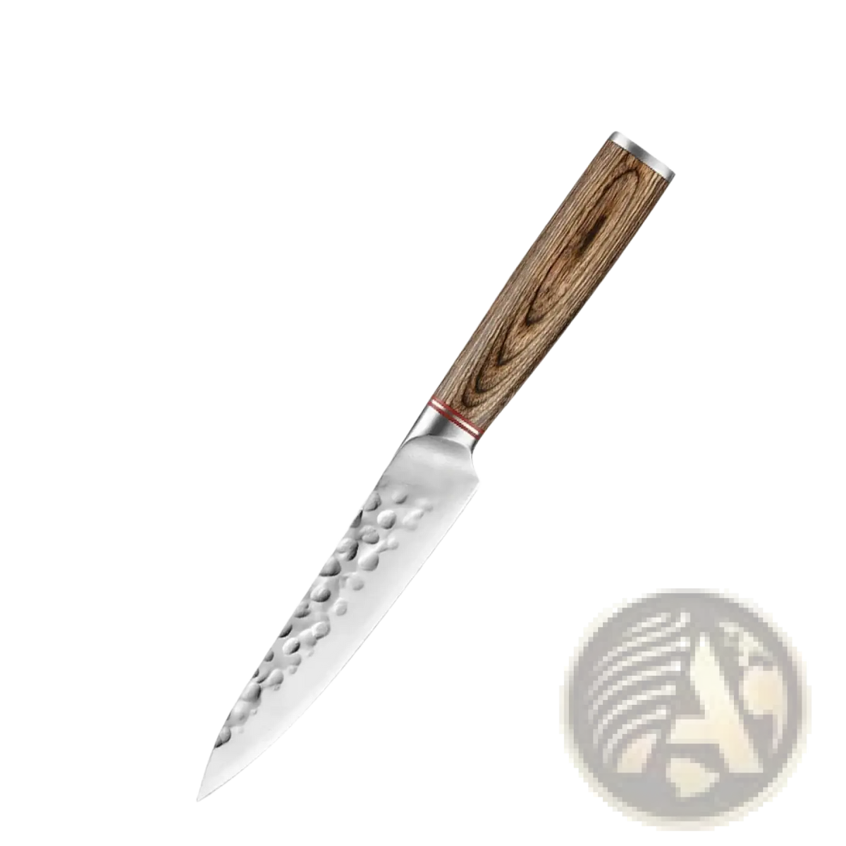 A 5-inch utility knife with hammered stainless steel blade and natural grain wooden handle in forged chef knife set