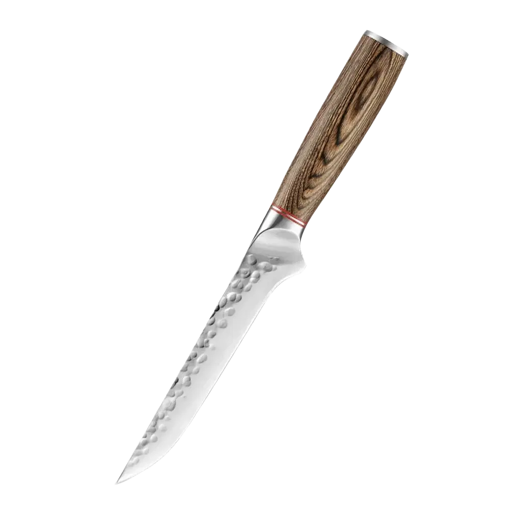 A 6-inch boning knife with hammered stainless steel blade and dark brown wooden handle from forged chef knife set