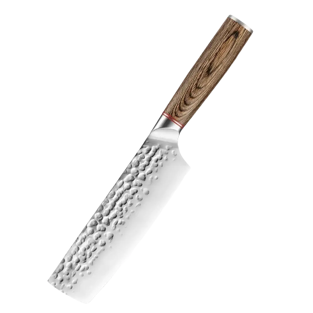 Forged stainless steel chef knife set featuring a 6.5-inch hammered cleaver with wooden handle and red accent band