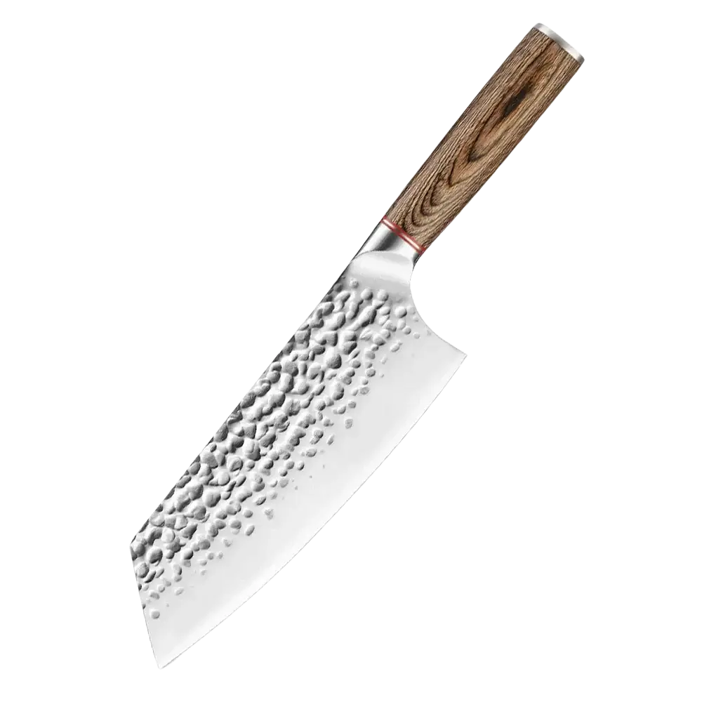 A 7-inch forged stainless steel cleaver knife with hammered texture blade and wooden handle in chef knife set