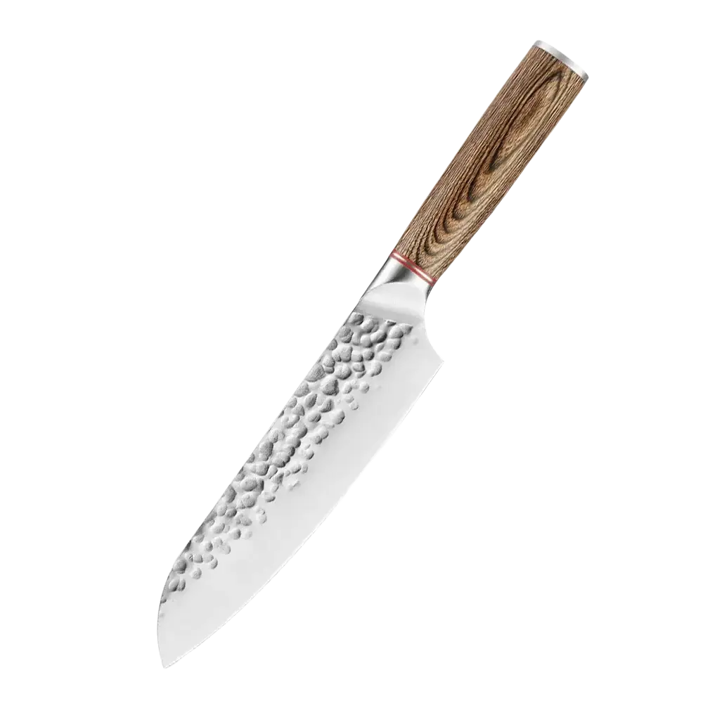 A 7-inch santoku knife with a hammered stainless steel blade and wooden handle from forged stainless steel chef knife set