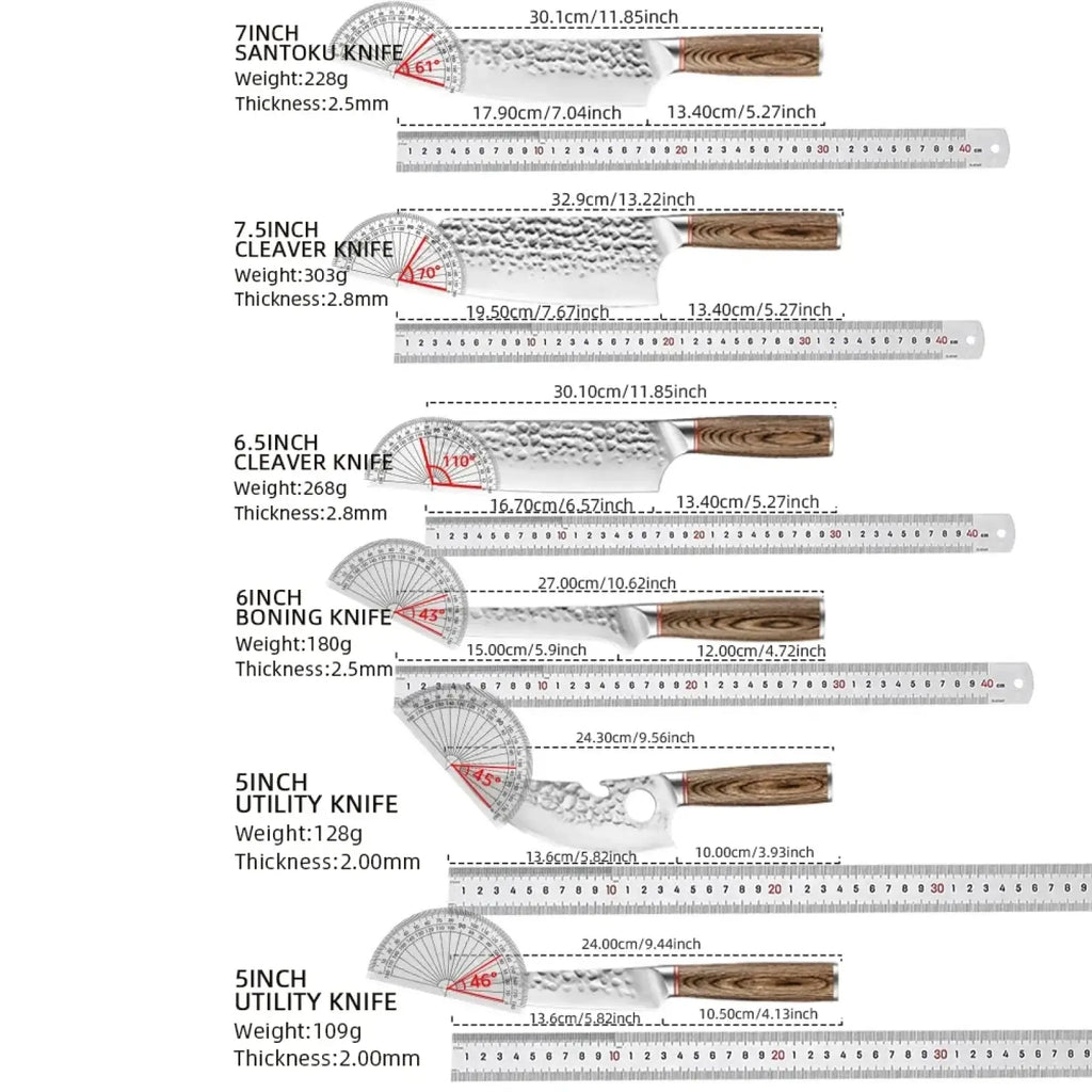 Set of five japanese forged stainless steel chef knives with damascus steel blades and wooden handles including santoku