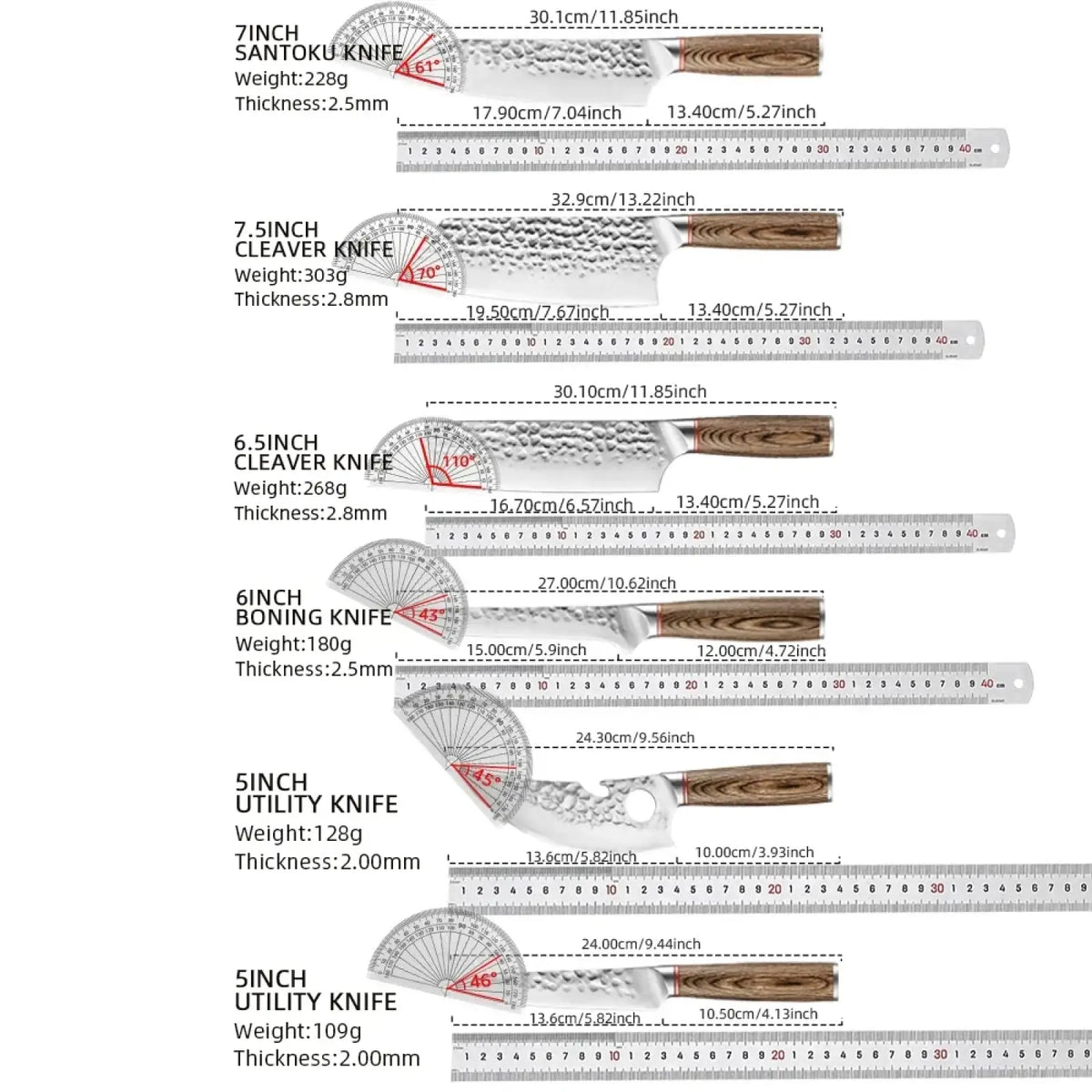 Set of five japanese forged stainless steel chef knives with damascus steel blades and wooden handles including santoku
