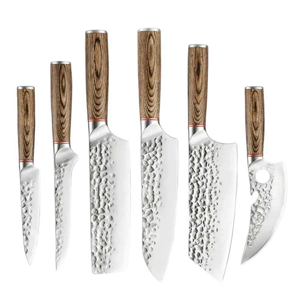 Set of six forged stainless steel chef knives with hammered blades and wooden handles in natural color