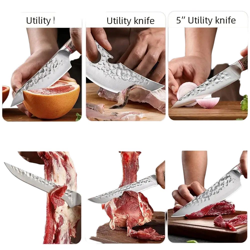 Set of six forged stainless steel chef knives with hammered blades and wooden handles including utility boning and cleaver models