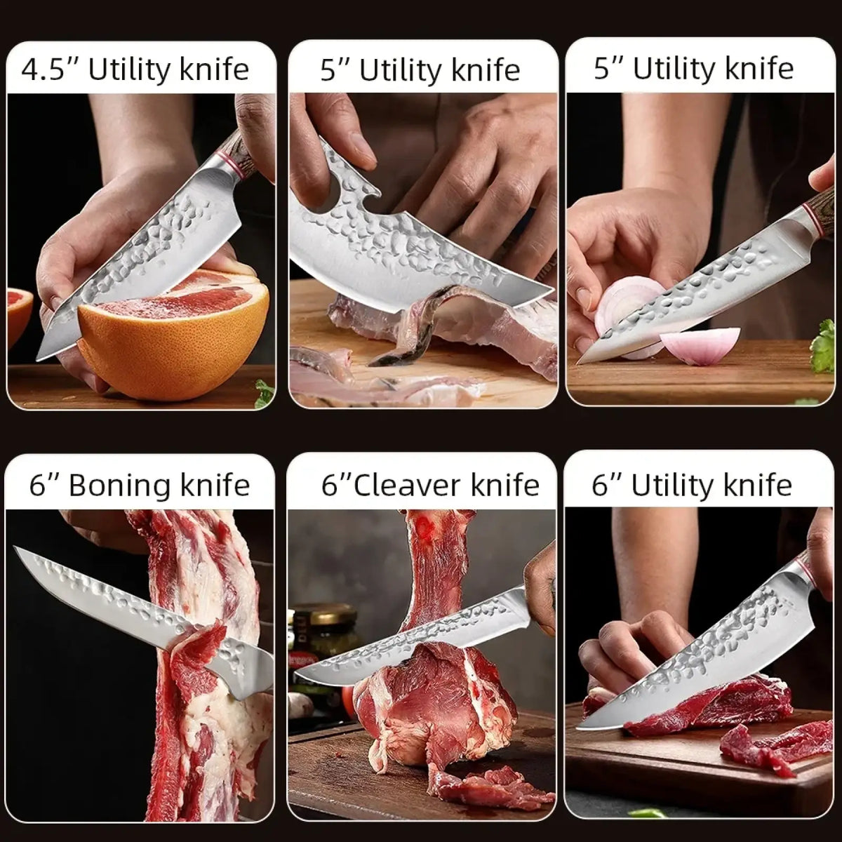 Set of six forged stainless steel chef knives with hammered blades and wooden handles including utility boning and cleaver models