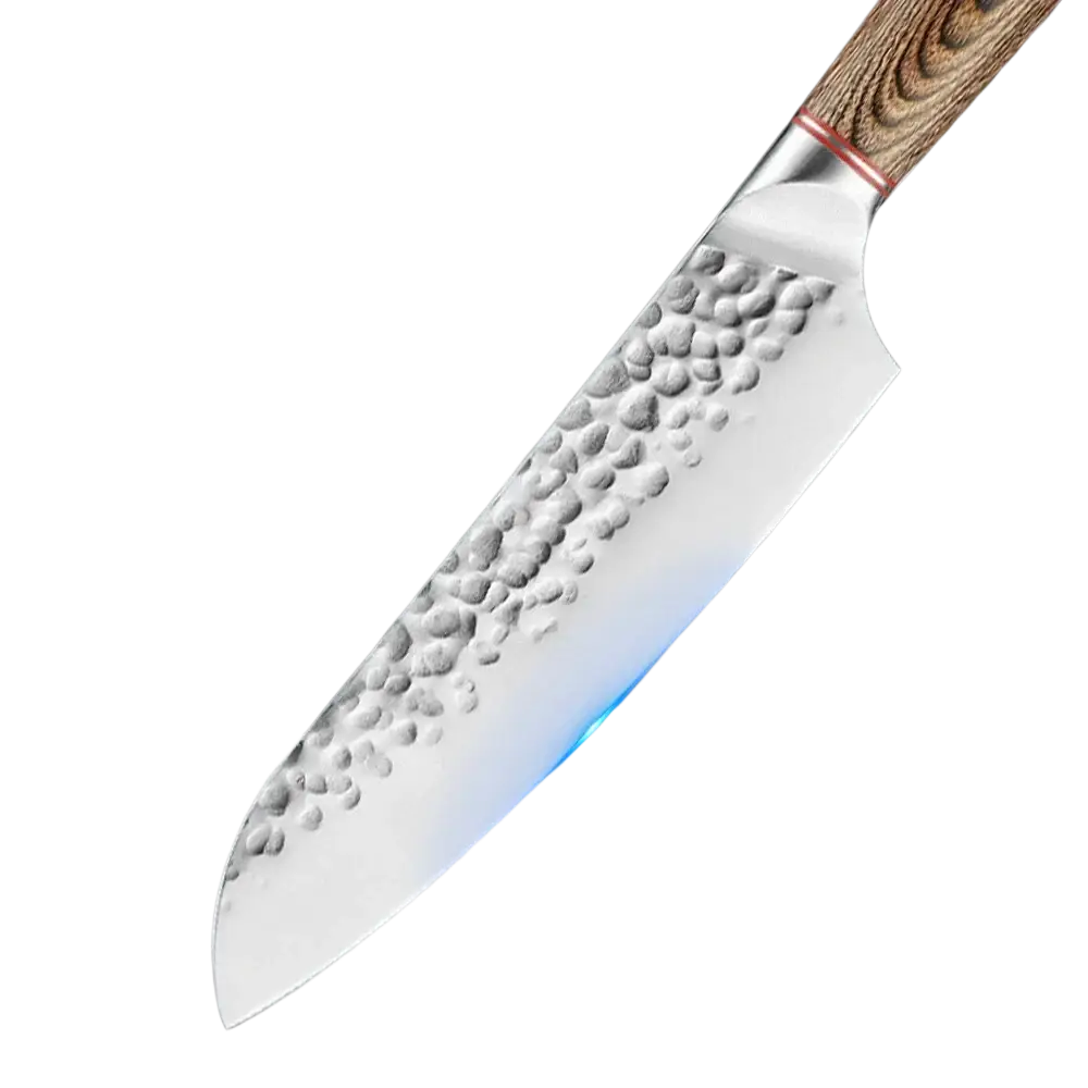 A forged stainless steel chef knife set featuring a sleek hammered 5cr15 steel blade with a wooden handle and 15° edge