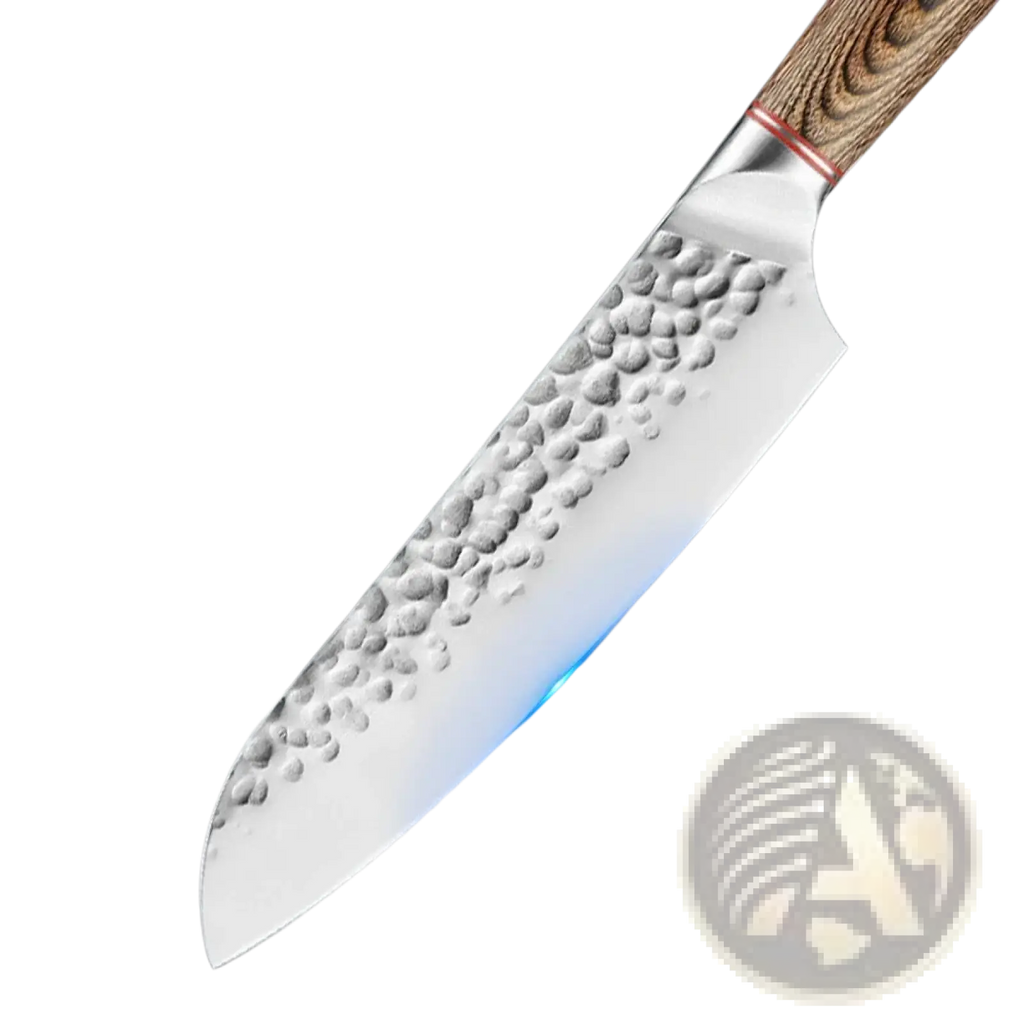 A forged stainless steel chef knife set featuring a sleek hammered 5cr15 steel blade with a wooden handle and 15° edge