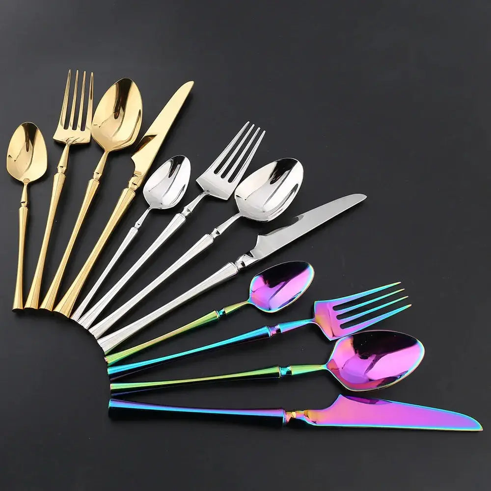 Modern 4-piece stainless steel steak cutlery set with rainbow-finished blades and sleek modern handles