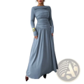 A sleek gray long sleeve formal maxi dress with a ruched bodice and flowing skirt perfect for evening wear