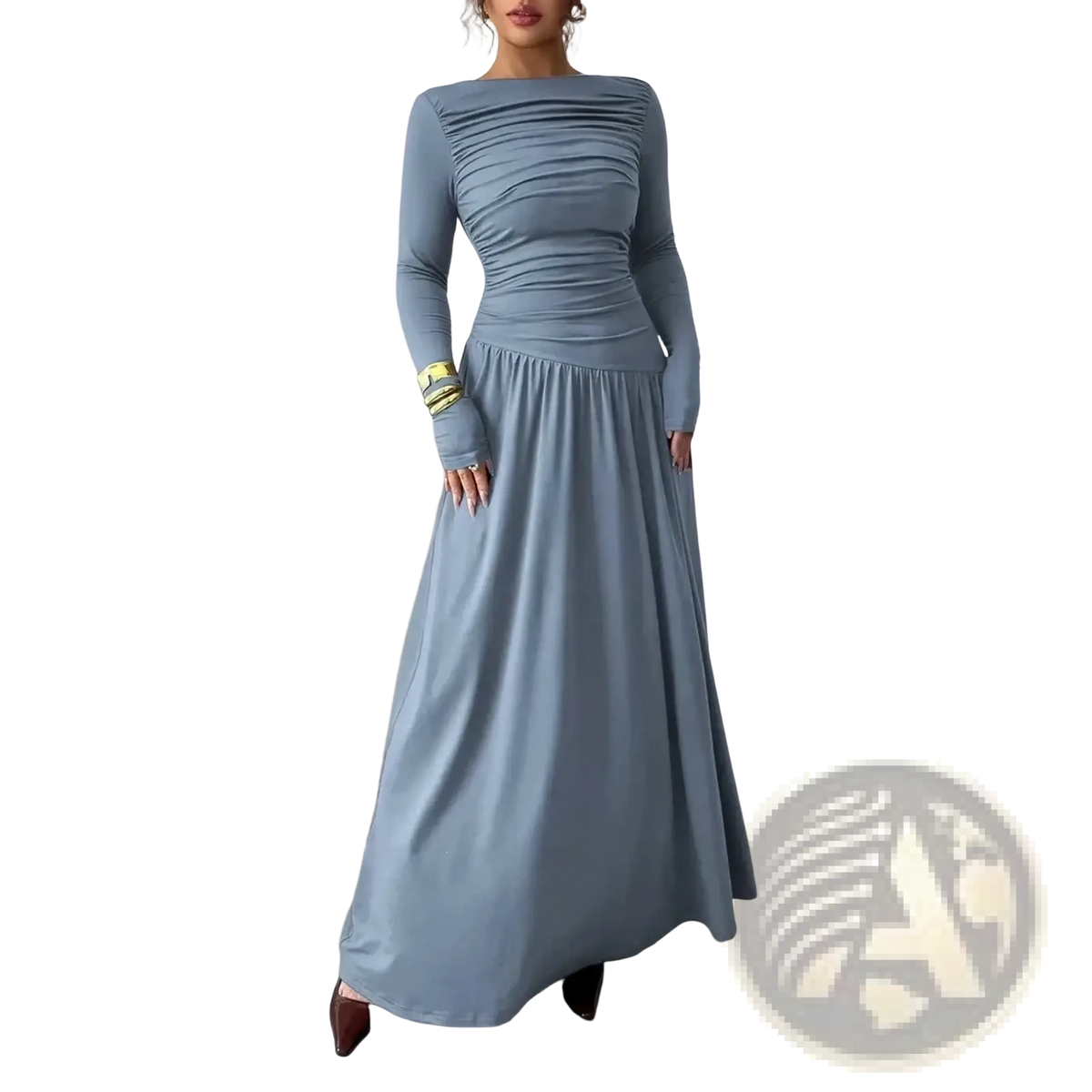 A sleek gray long sleeve formal maxi dress with a ruched bodice and flowing skirt perfect for evening wear