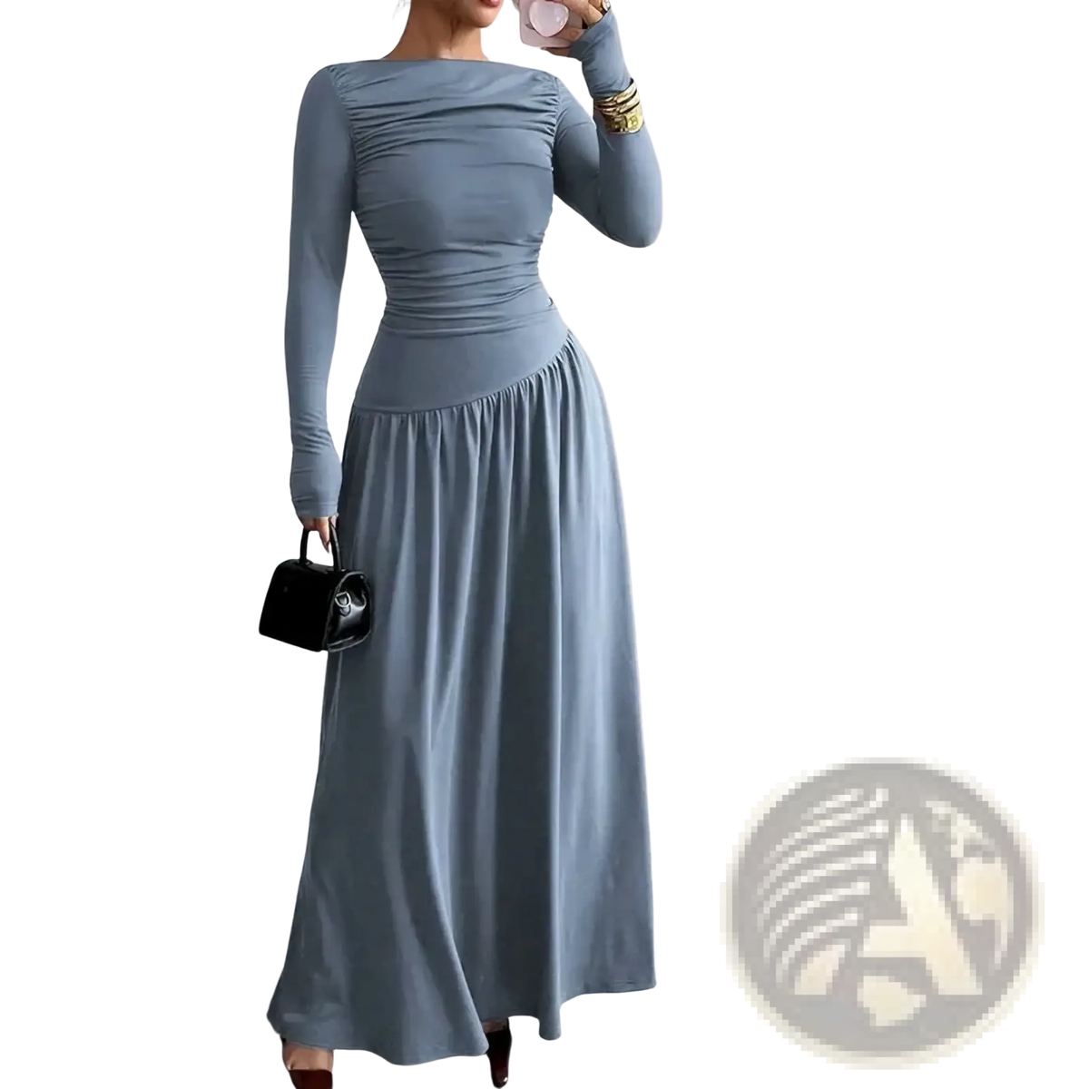 A flowing dusty blue formal maxi dress with long sleeves ruched bodice and elastic waistband for evening wear
