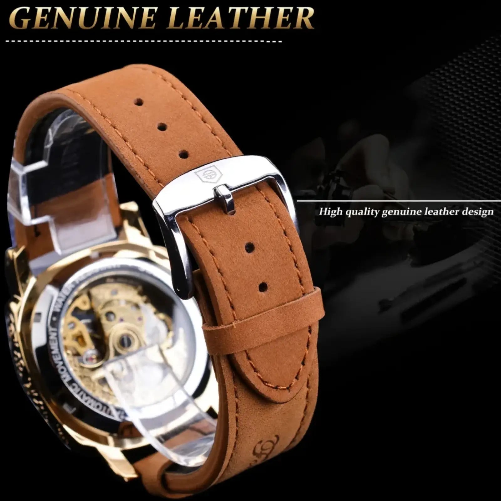 Brown genuine leather watch strap with silver-toned buckle and stitching for Forsining automatic mechanical skeleton watch