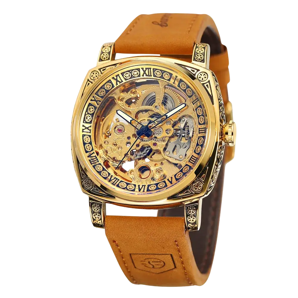 Forsining automatic mechanical skeleton watch with gold-toned case, roman numeral markers, and tan leather strap