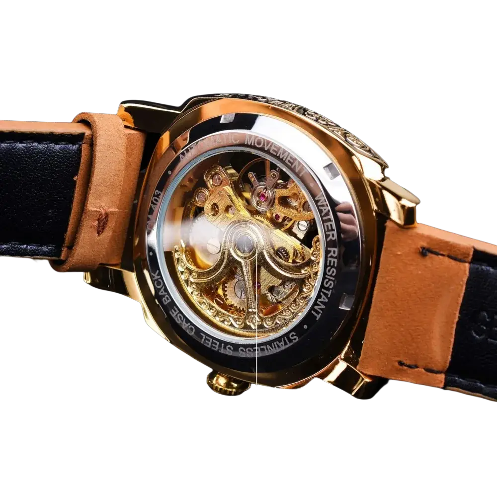 Forsining automatic mechanical skeleton watch gold tone with transparent case back tan leather straps and black lining