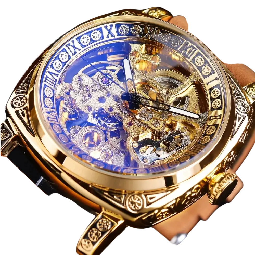 Forsining automatic mechanical skeleton watch with gold-toned case, visible gears, roman numerals, and brown leather strap