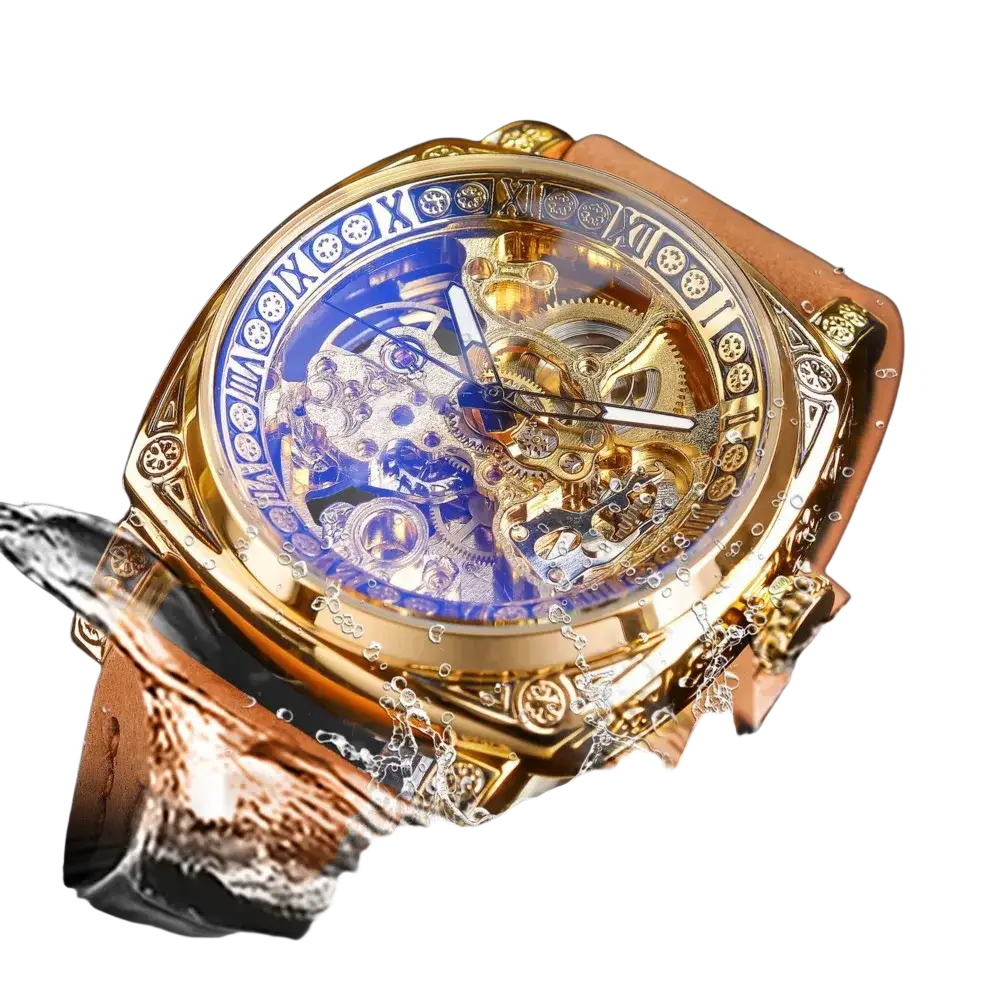 Forsining automatic mechanical skeleton watch with gold tone, blue transparent face, and brown leather strap