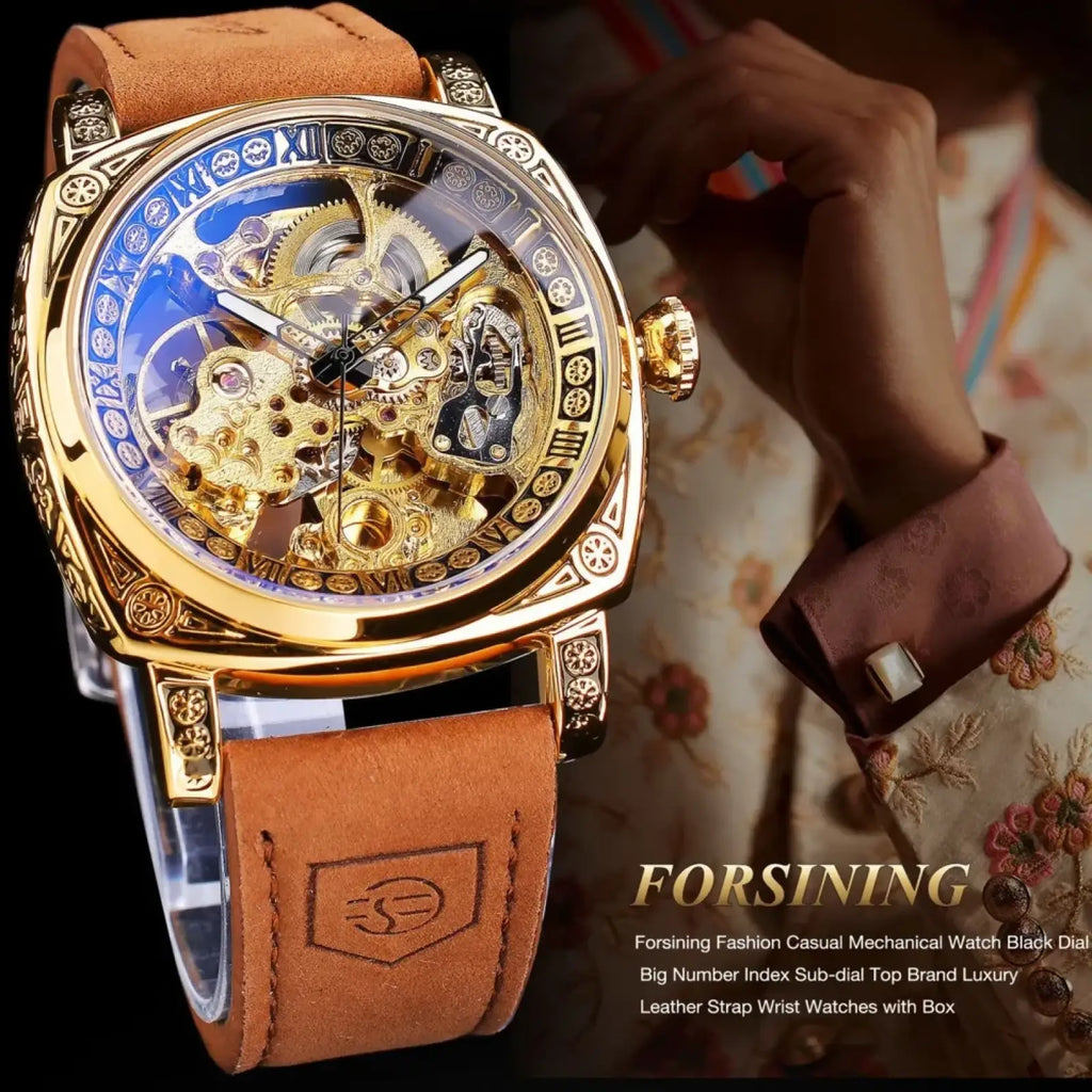 Forsining automatic mechanical skeleton watch with gold-toned case, blue dial, visible gears, and brown leather strap