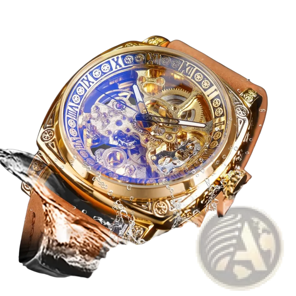 Forsining automatic mechanical skeleton watch with gold tone, blue transparent face, and brown leather strap