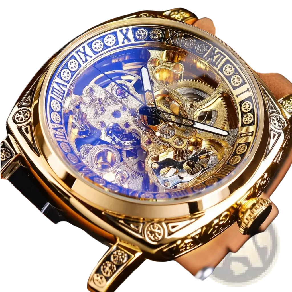 Forsining automatic mechanical skeleton watch with gold-toned case, visible gears, roman numerals, and brown leather strap
