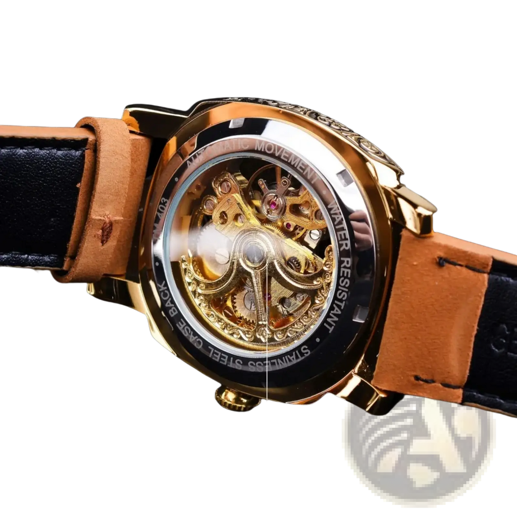 Forsining automatic mechanical skeleton watch gold tone with transparent case back tan leather straps and black lining