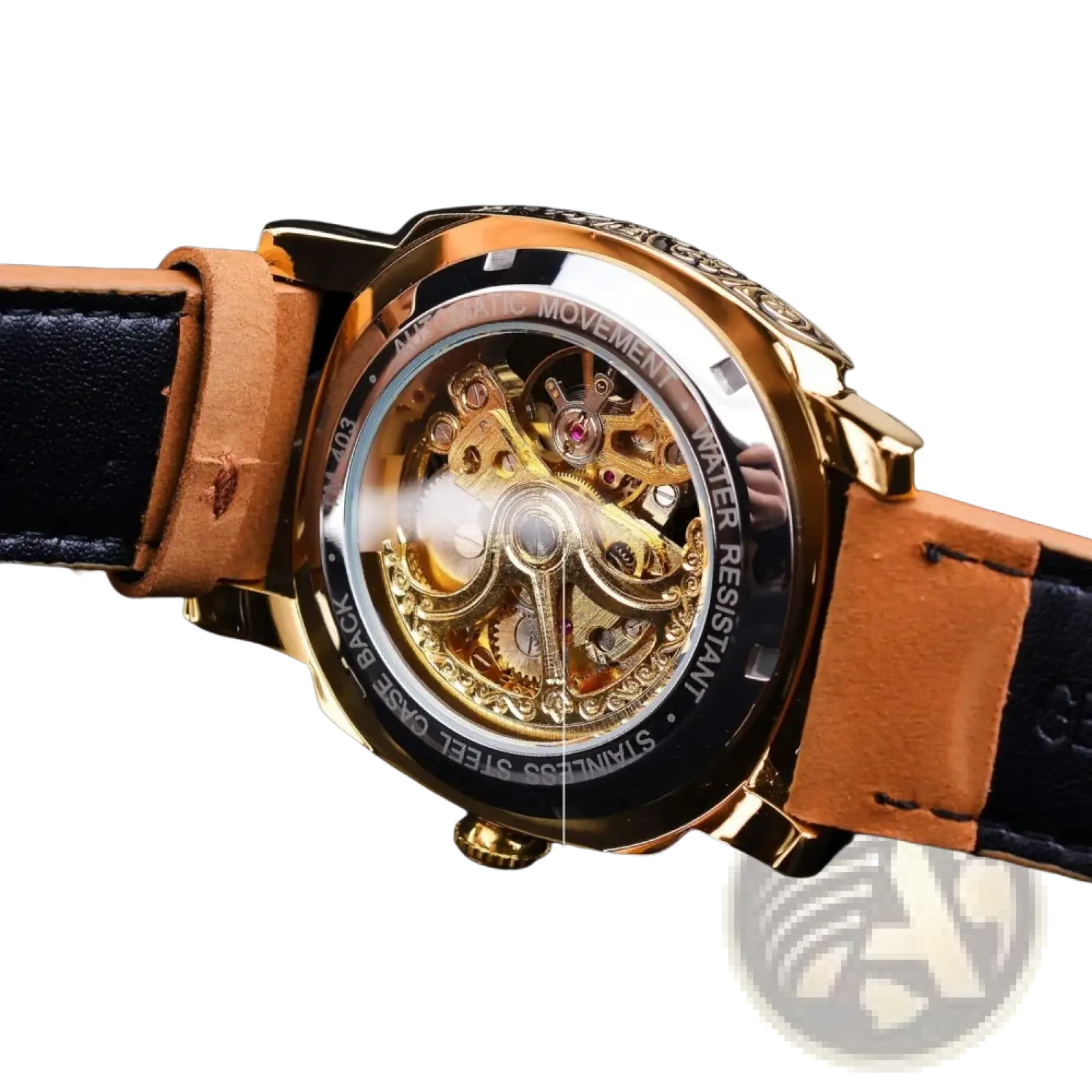 Forsining automatic mechanical skeleton watch gold tone with transparent case back tan leather straps and black lining